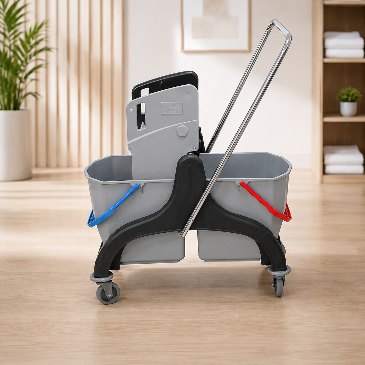 Plastic Double Bucket Mopping Trolley with Basket